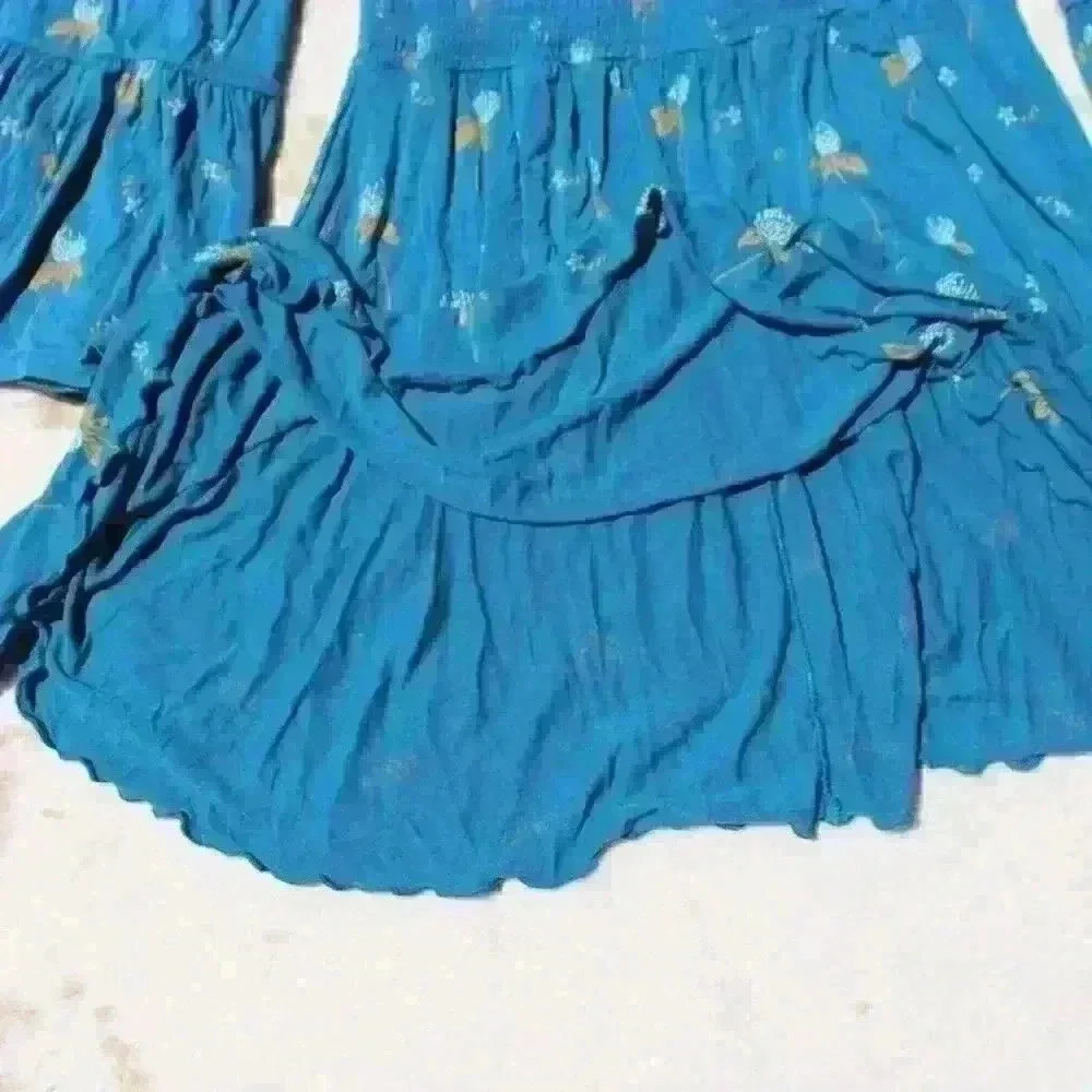 FREE PEOPLE Teal Floral Off The Shoulder Smock Wide Sleeve Shirt Top Women Small - Picture 7 of 10